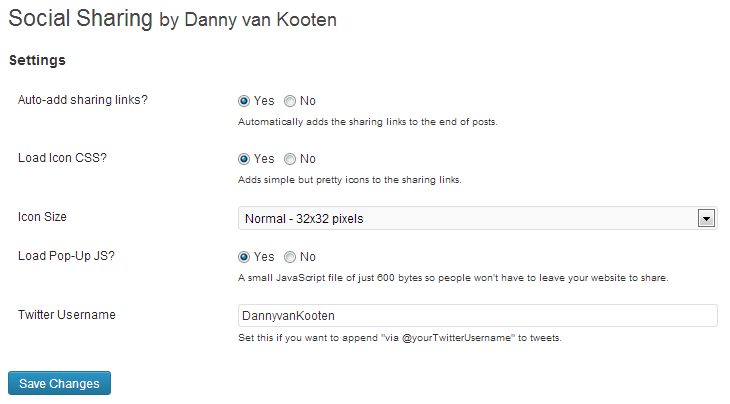 Settings of Social Sharing by Danny Plugin