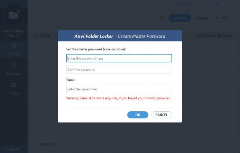 Anvi Folder Locker - Creation of Master Password