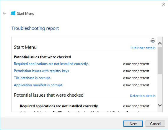 start menu troubleshooter
