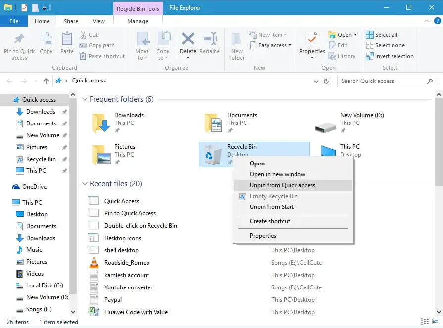 How to Pin Recycle Bin to Quick Access in Windows 10? | RouterUnlock.com