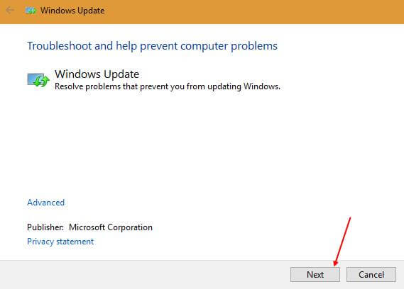 Windows Update troubleshooter - Next